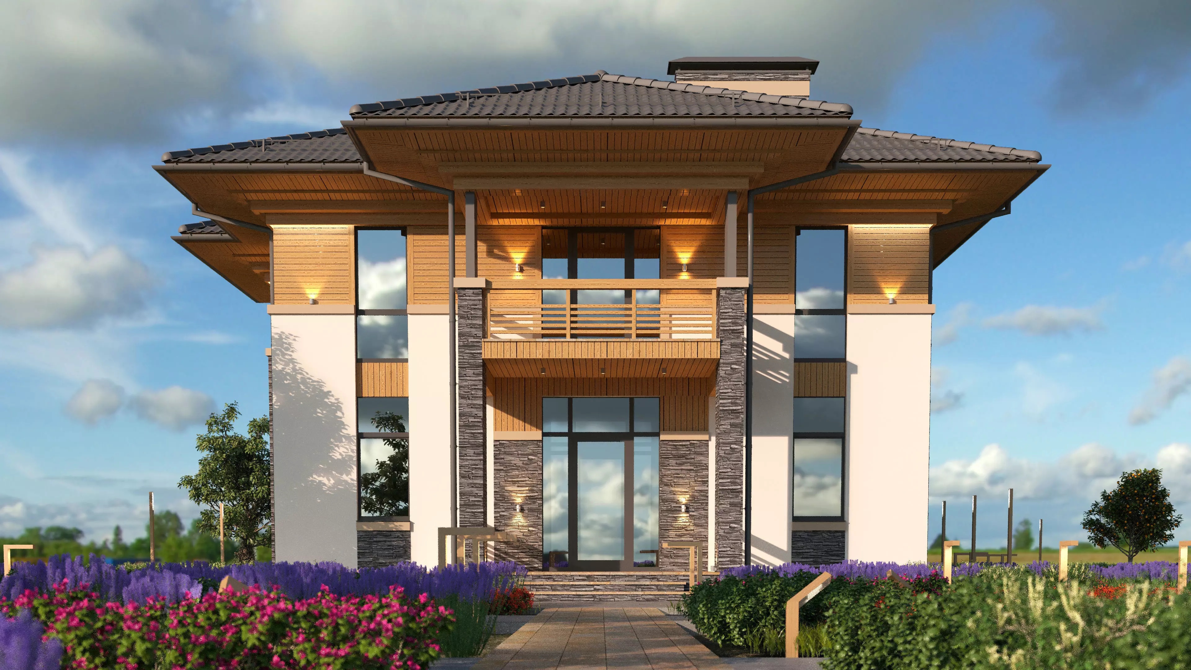 Model of a bright Wright-style house with a terrace 3D model_0