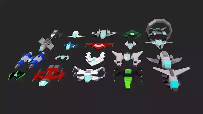 Spaceship Set Lowpoly Comic Style Low-poly 3D model