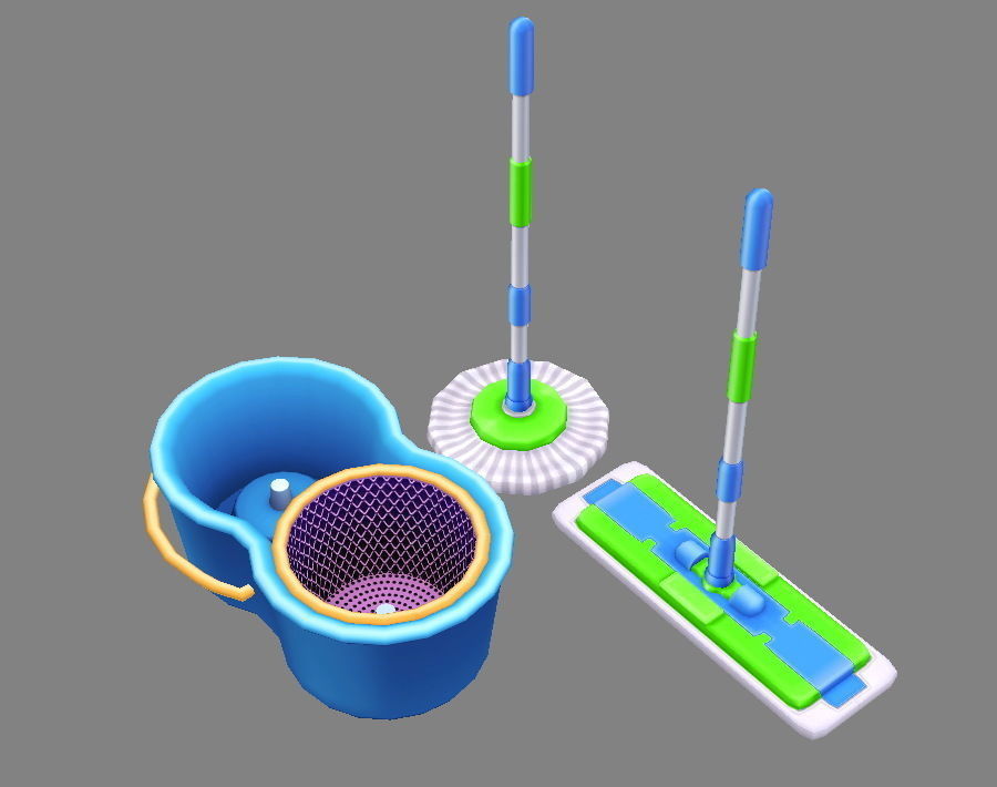 Cartoon mops and bucket Low-poly 3D model_2