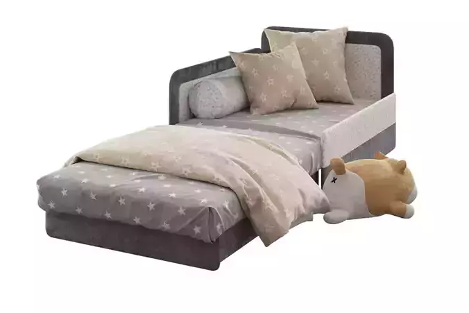 Children open bed sofa and shiba toy