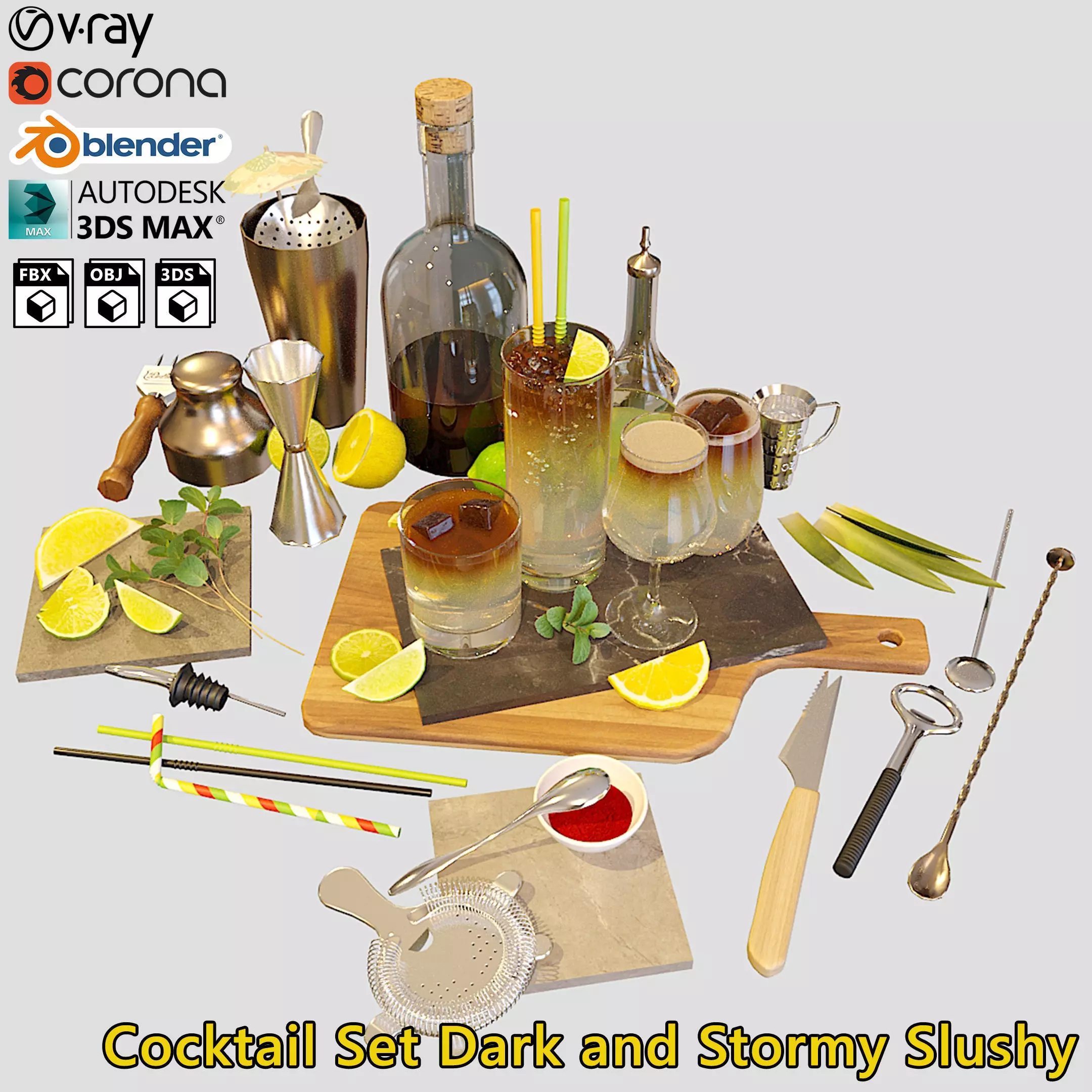 Cocktail Set Dark and Stormy Slushy 3D model