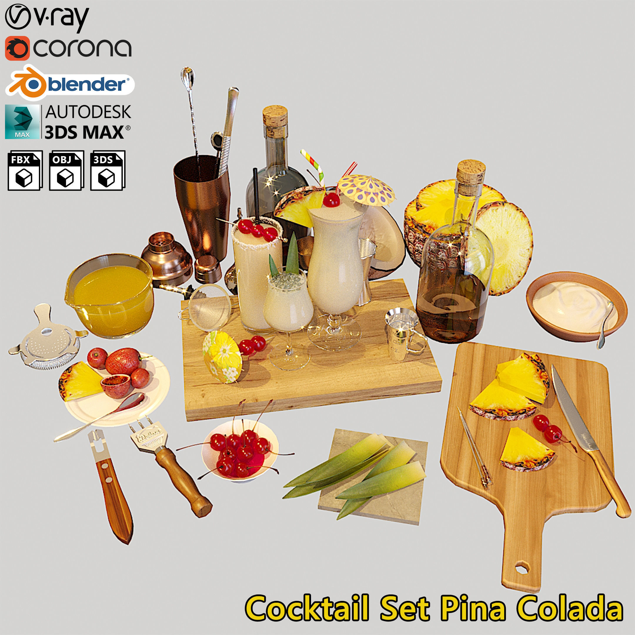 Cocktail Set Pina Colada 3D model_2