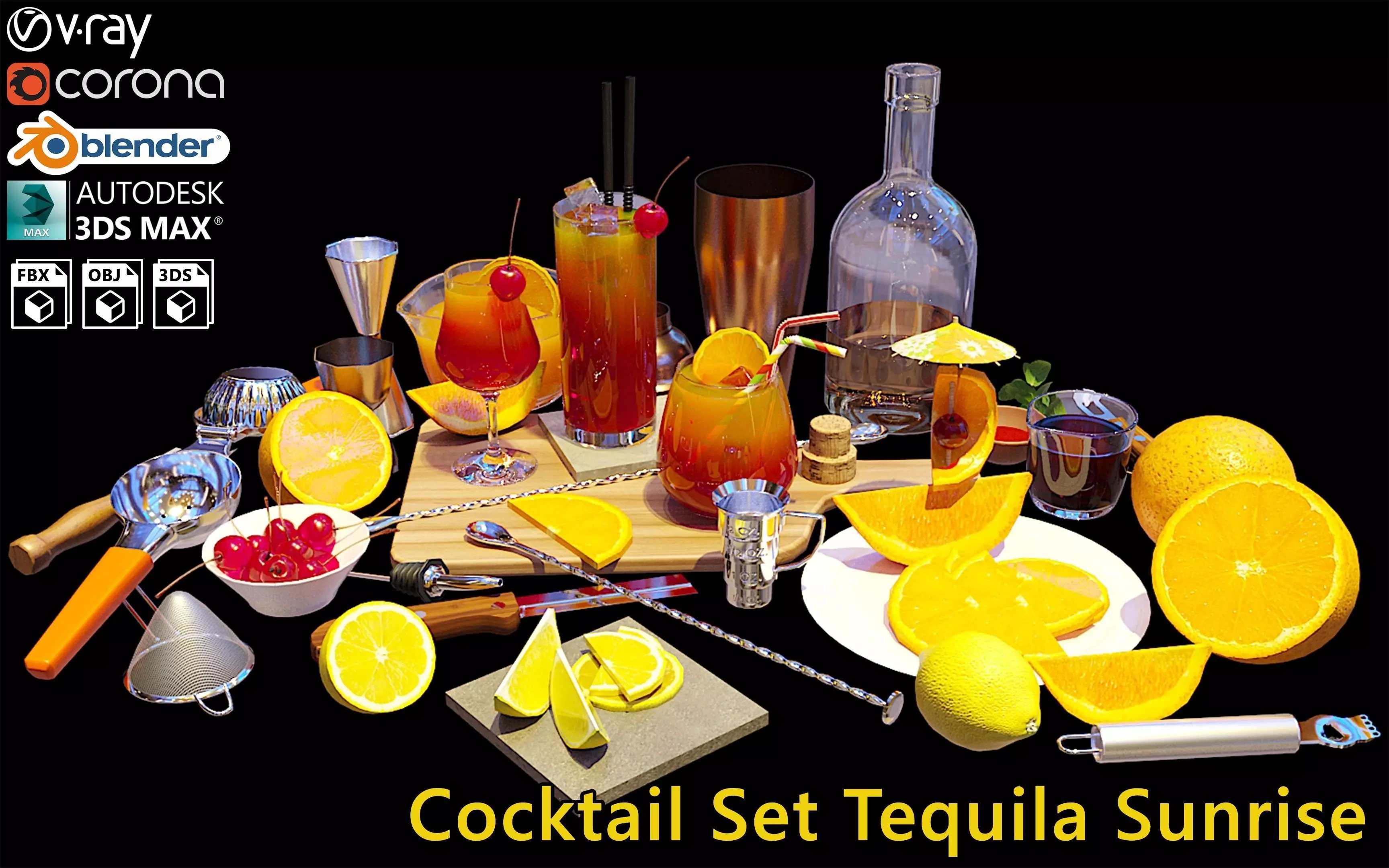 Cocktail Set Tequila Sunrise 3D model_0