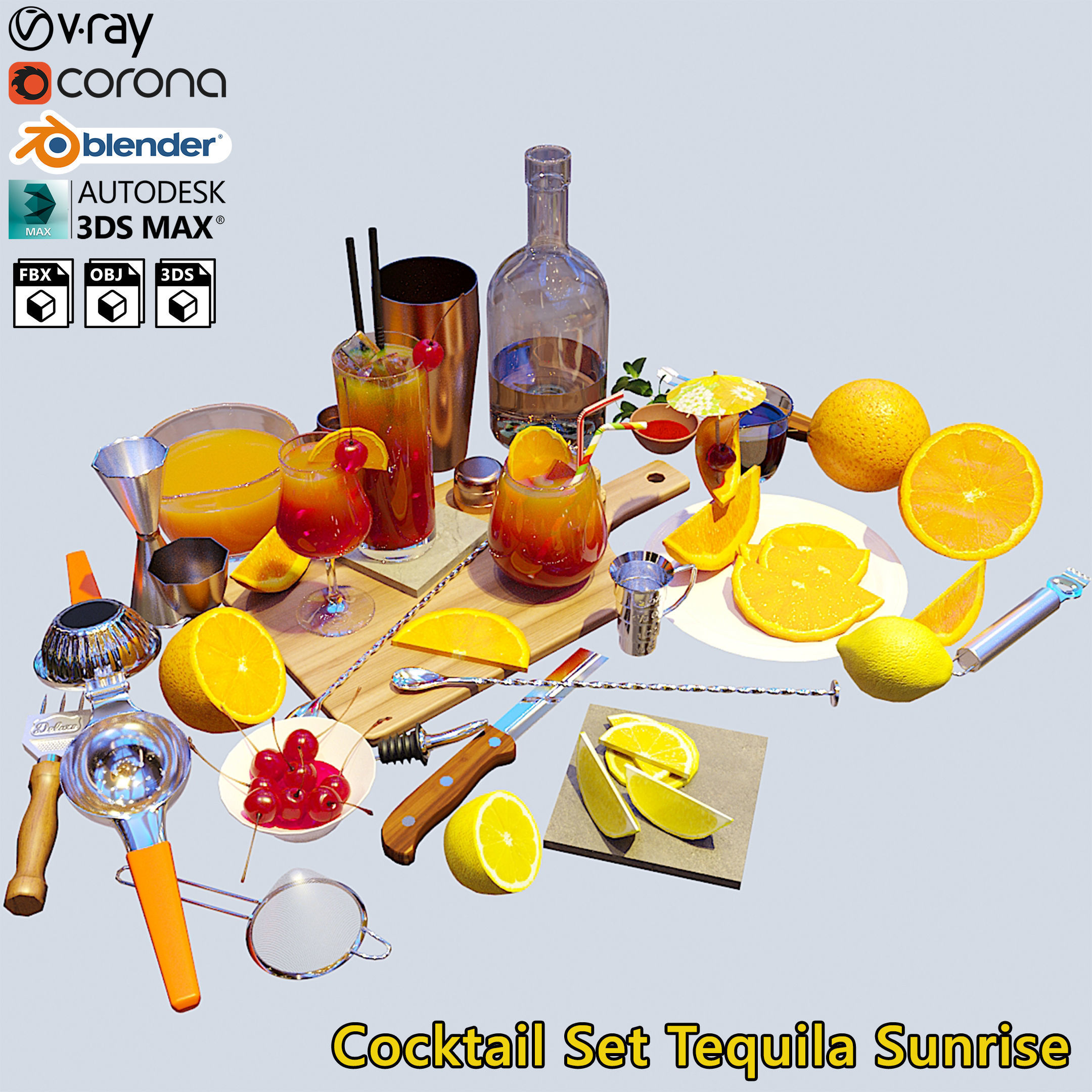 Cocktail Set Tequila Sunrise 3D model_2