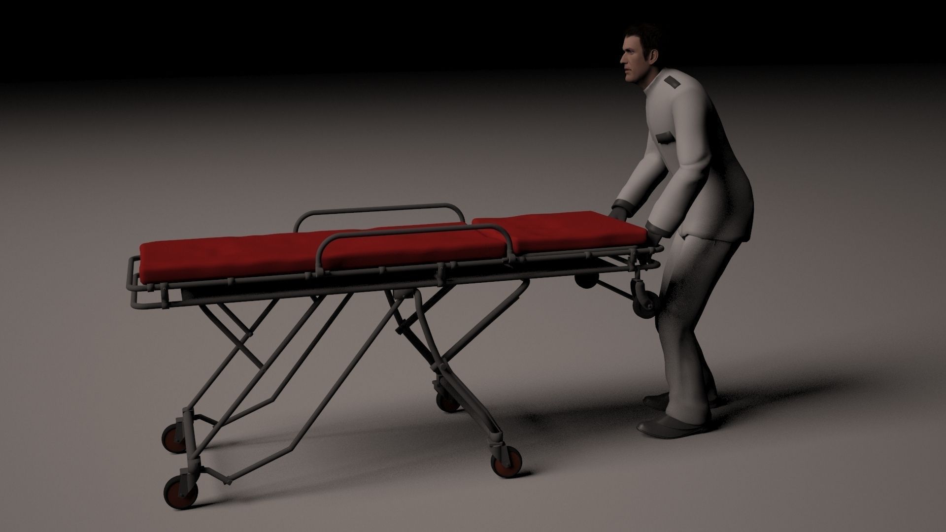 Hospital orderly pushing stretcher 3D model_2