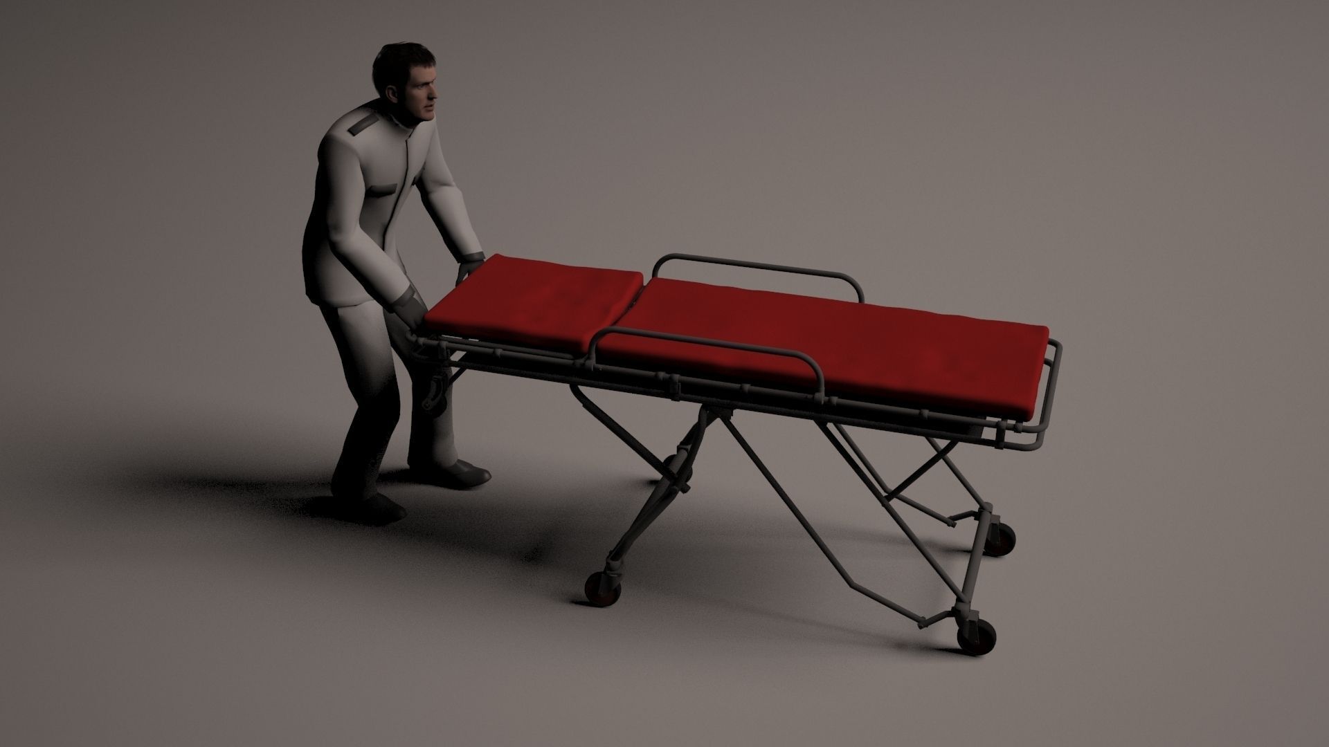 Hospital orderly pushing stretcher 3D model_1