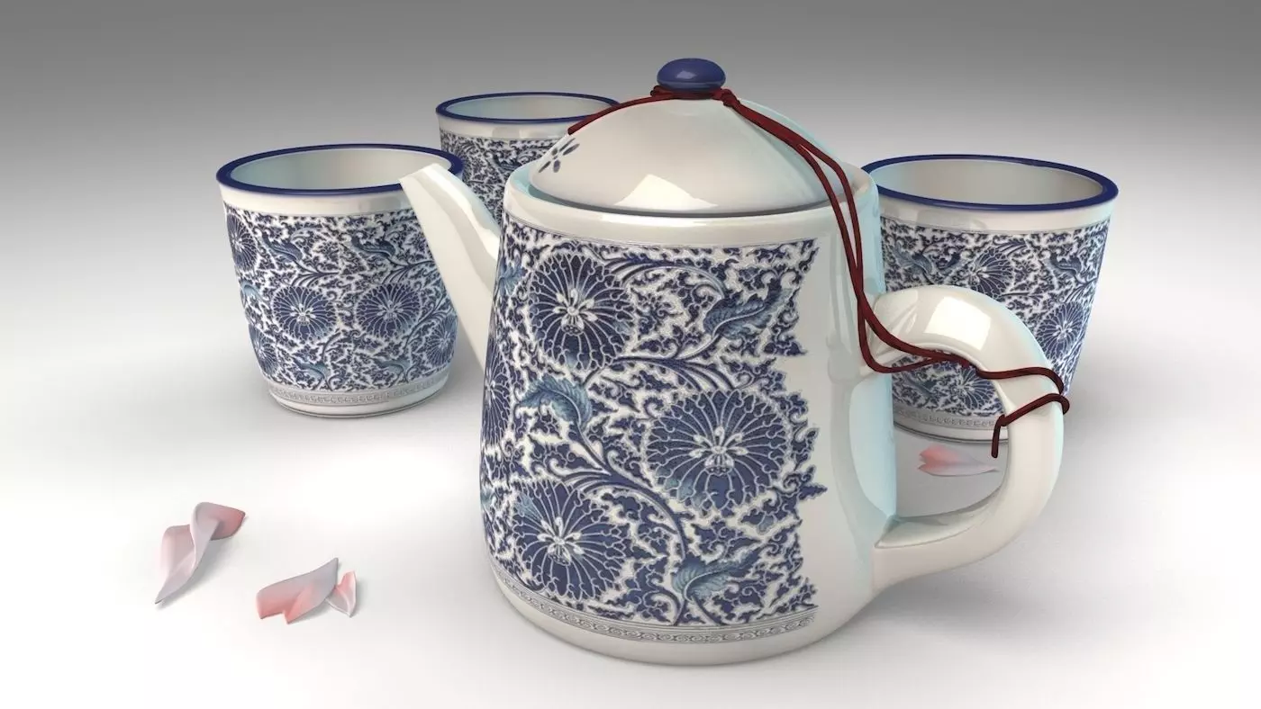 teapot chinese and cups Free 3D model_0