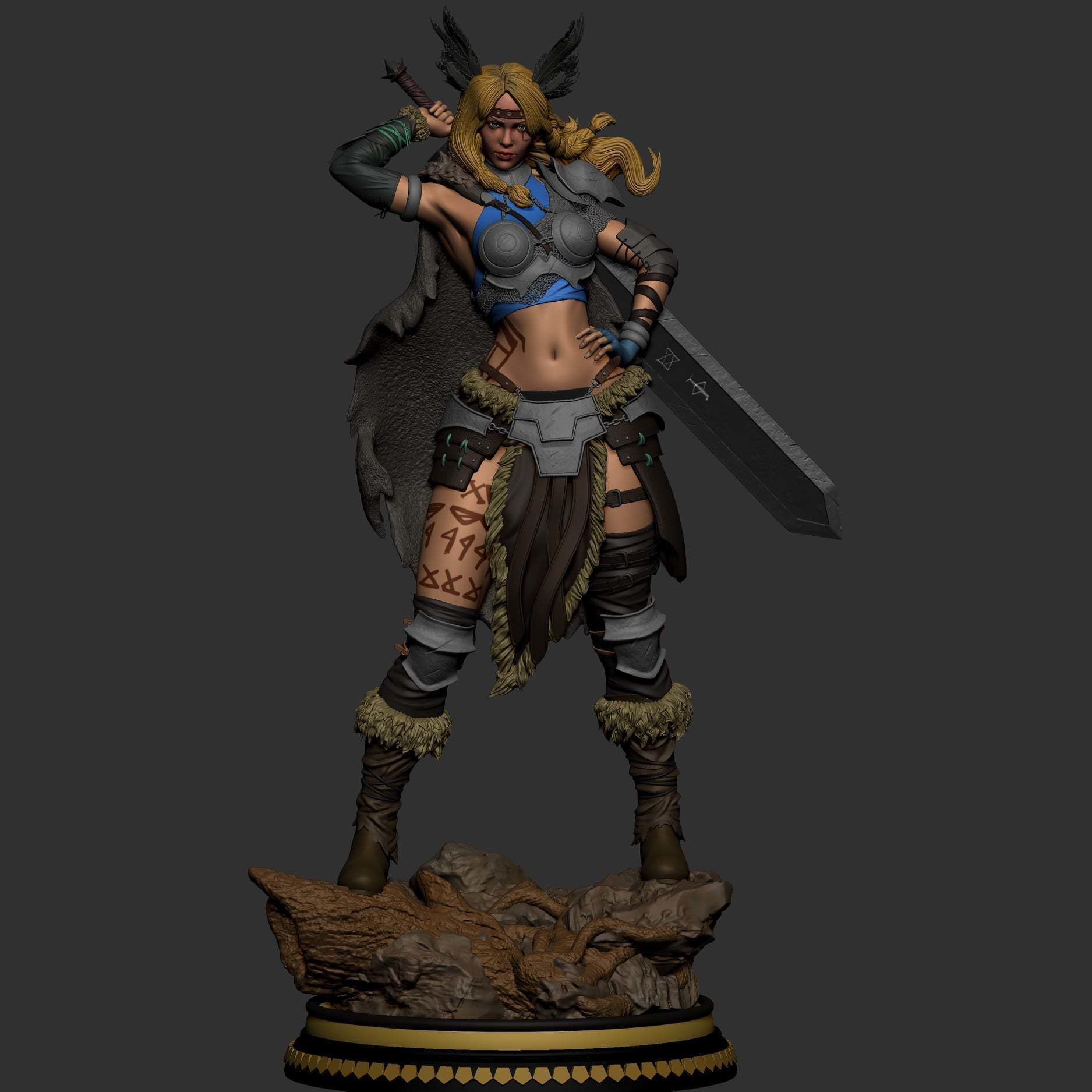Guerreira statue of woman holding sword 3D print model_8