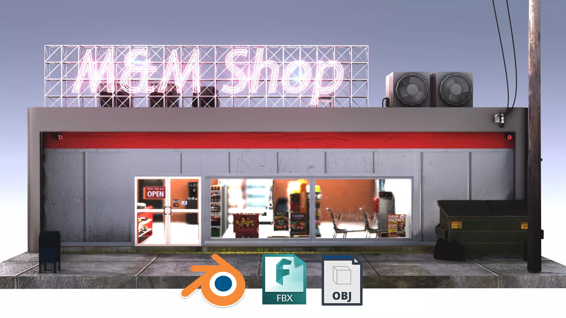 Supermarket industrial building with roof Low-poly 3D model
