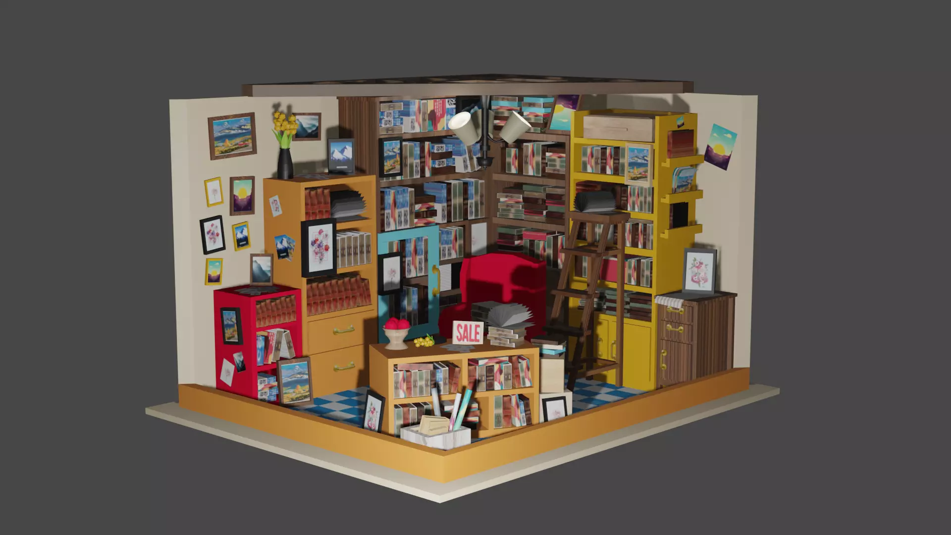 3D ROOM LIBRARY INTERIOR LOW-POLY Low-poly 3D model