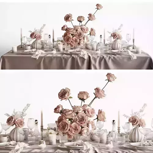 Tableware Set 4 table with flowers and candles 3D model