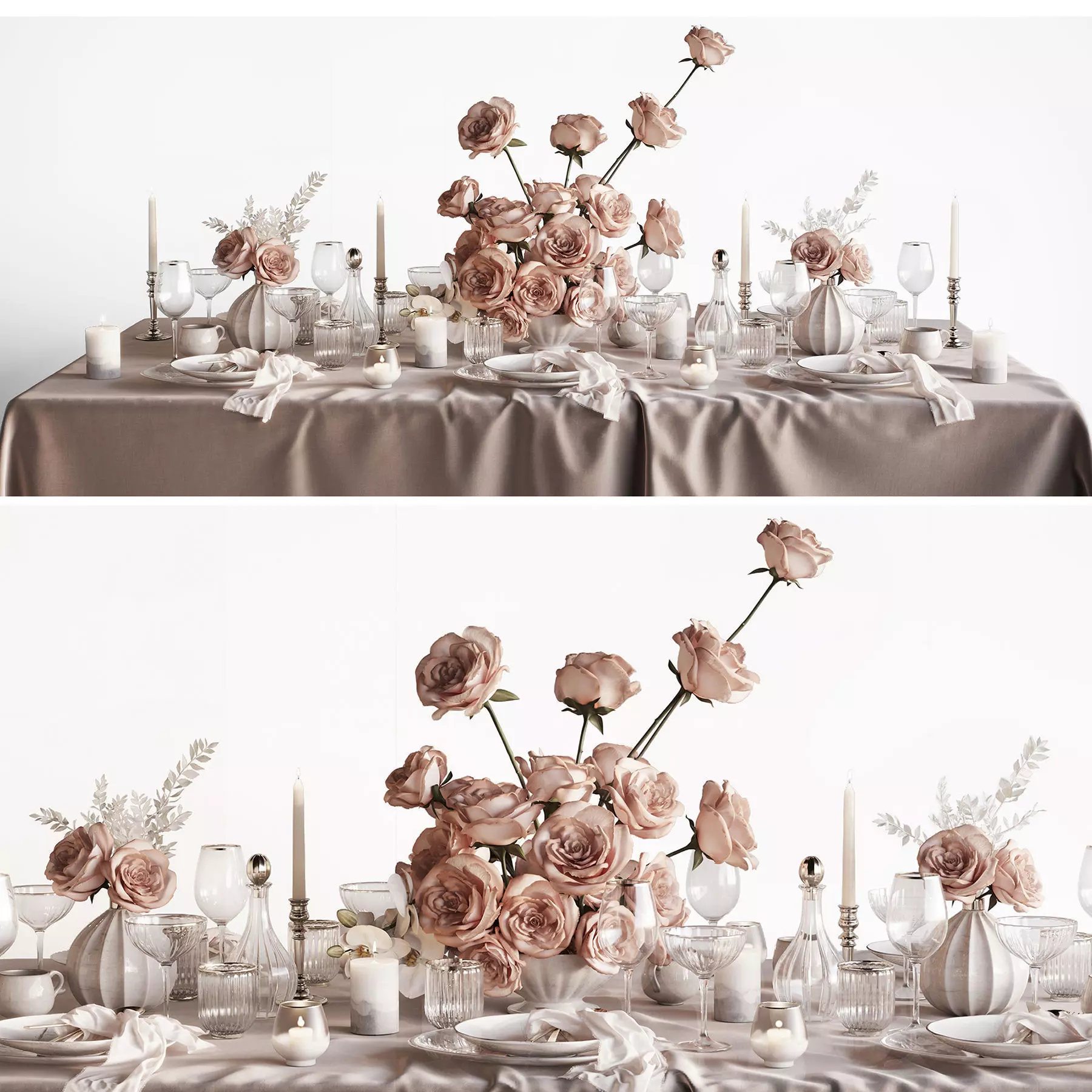 Tableware Set 4 table with flowers and candles 3D model_0