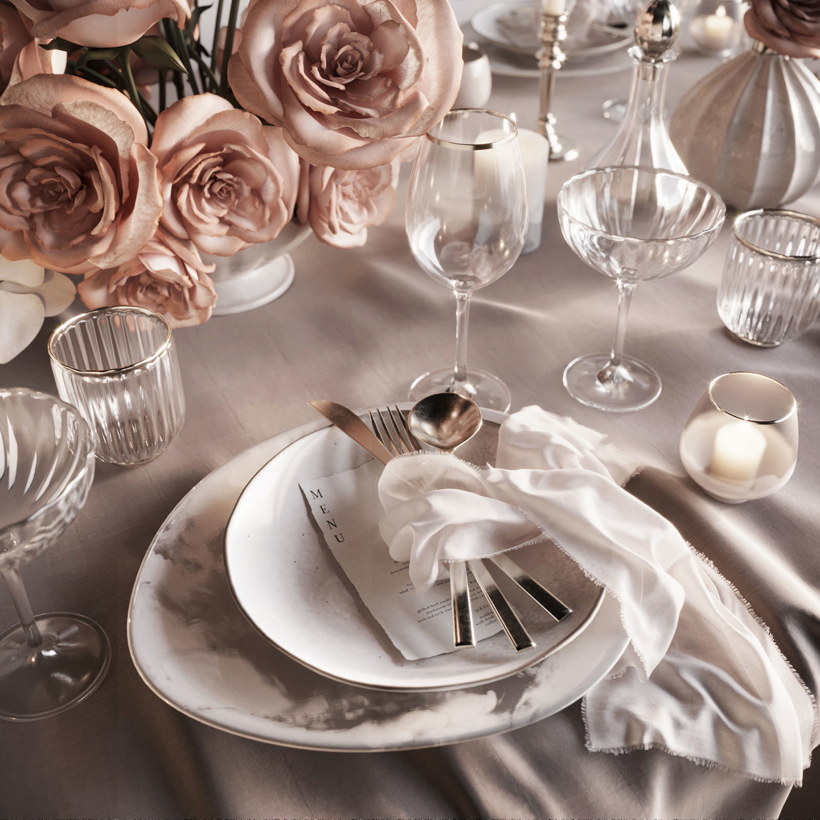 Tableware Set 4 table with flowers and candles 3D model_2