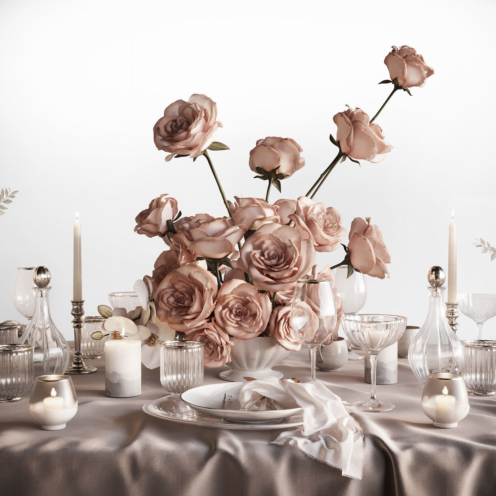 Tableware Set 4 table with flowers and candles 3D model_1