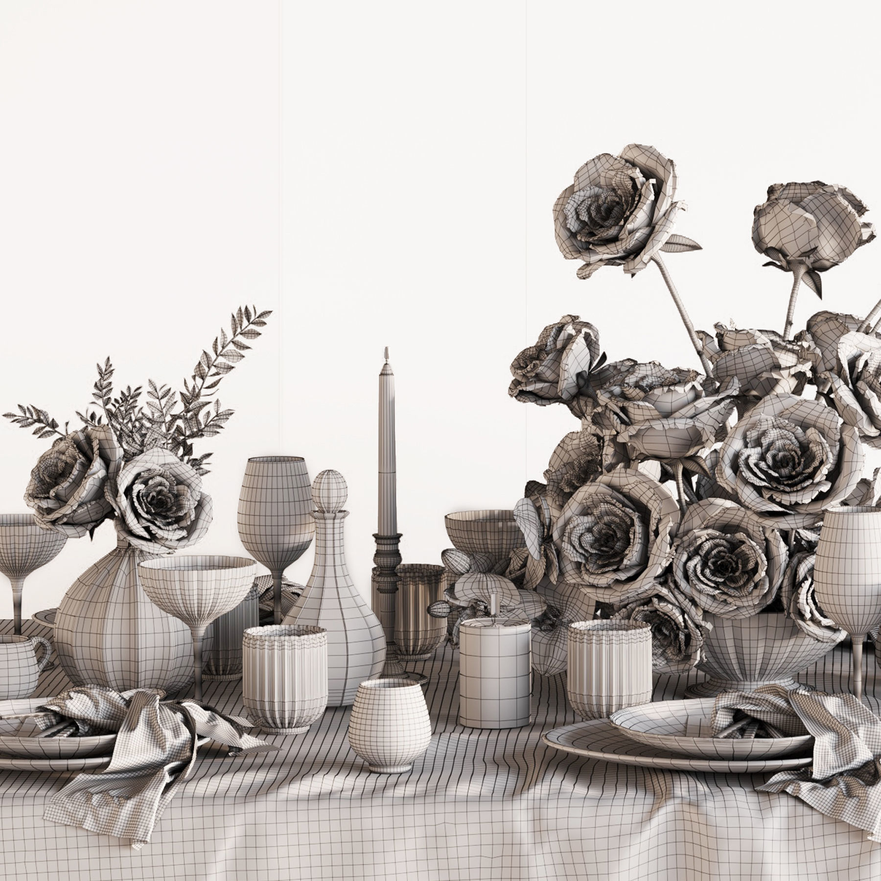 Tableware Set 4 table with flowers and candles 3D model_4
