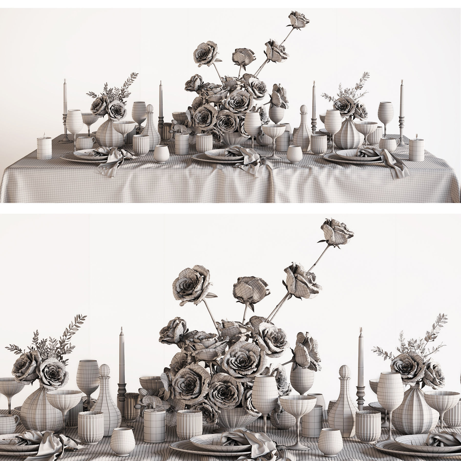 Tableware Set 4 table with flowers and candles 3D model_3