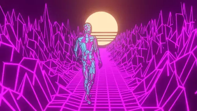 Vaporwave environment with a character in it  Low-poly 3D model
