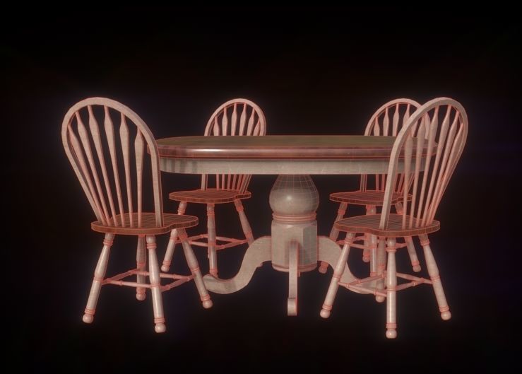 Table Set four wooden chairs and Low-poly 3D model_2