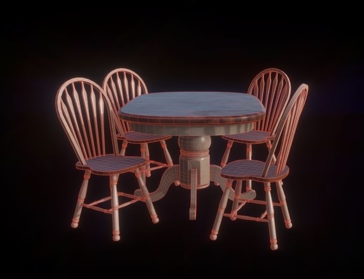 Table Set four wooden chairs and Low-poly 3D model_1