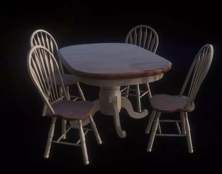 Table Set four wooden chairs and Low-poly 3D model_0