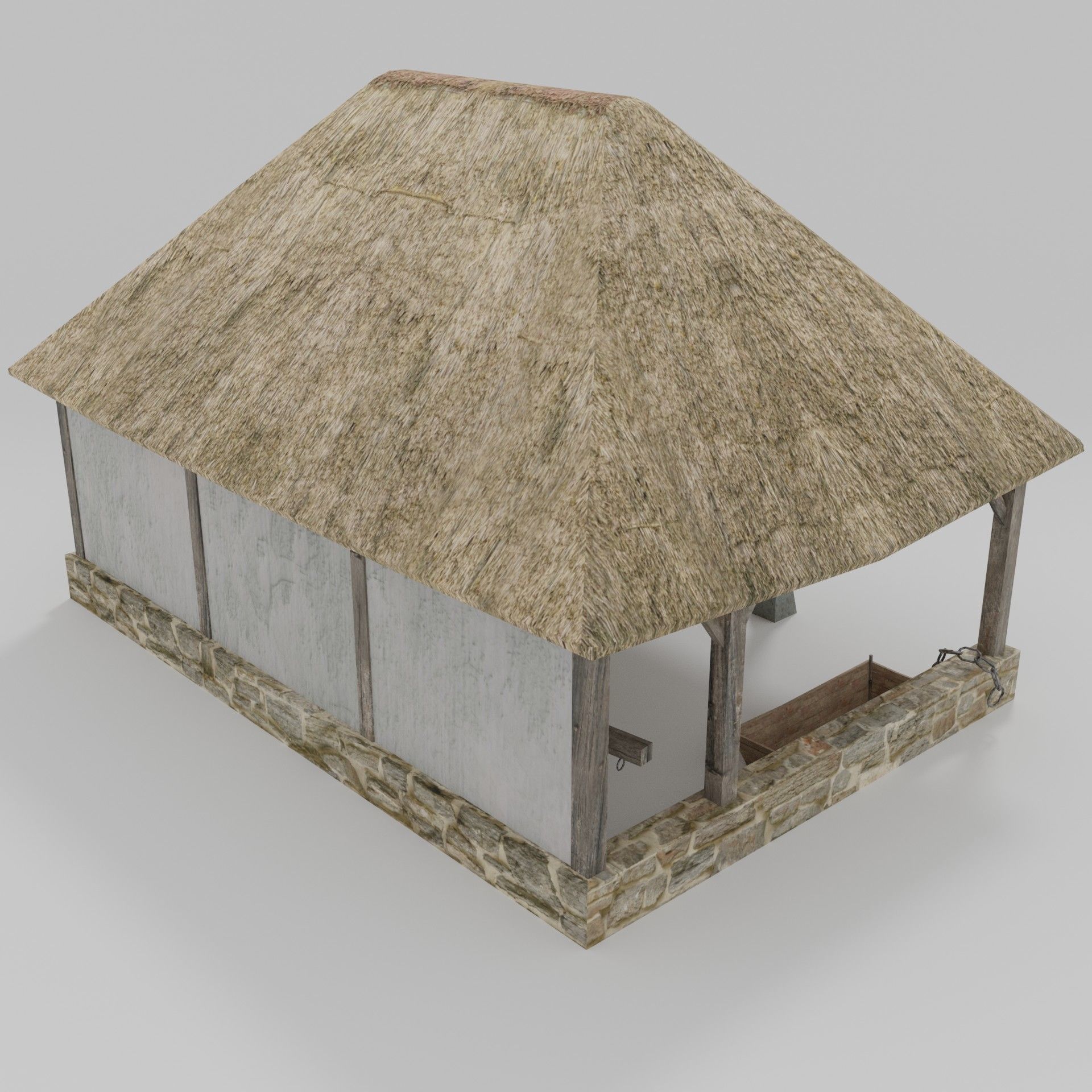 Stable wooden structure with thatched roof Low-poly 3D model_3