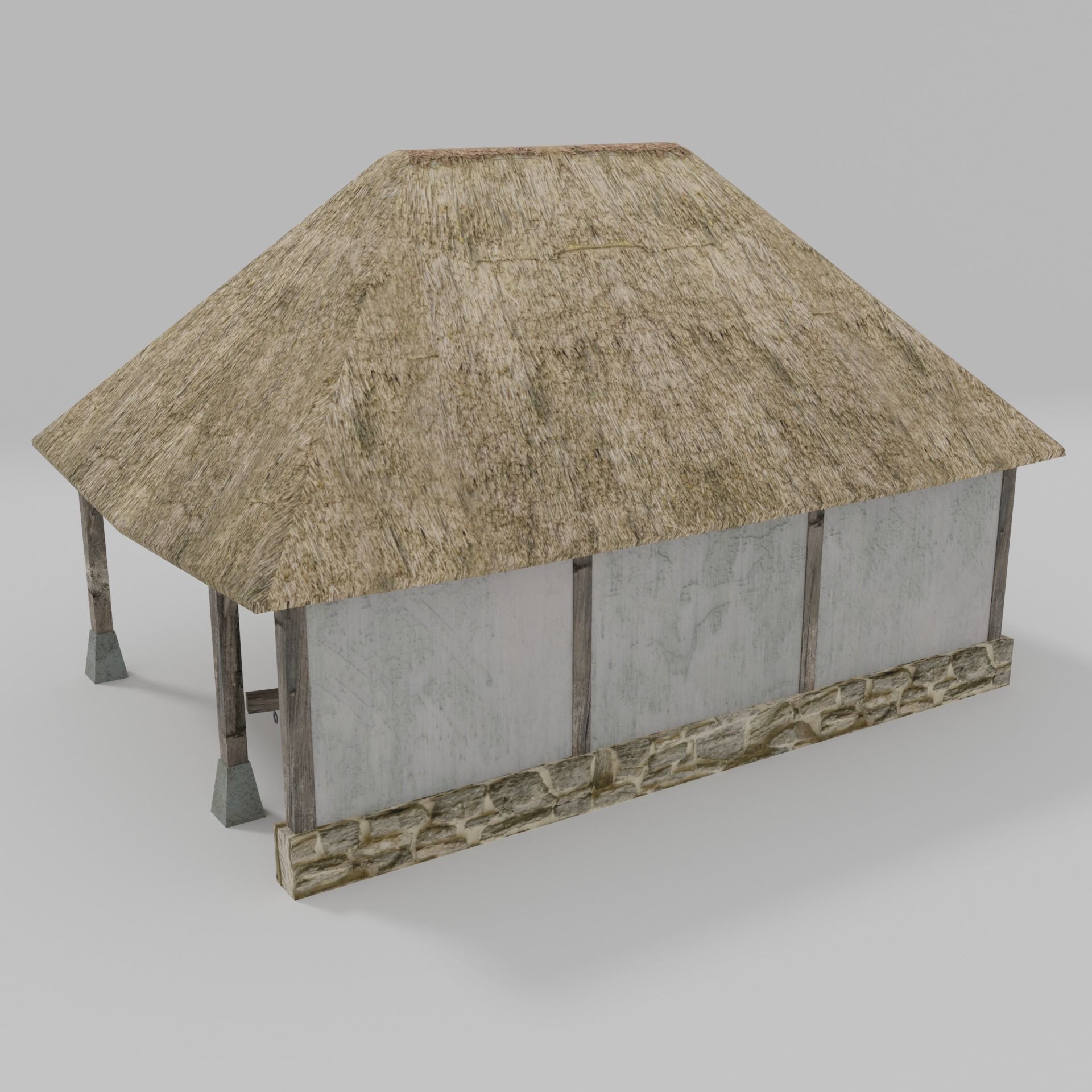 Stable wooden structure with thatched roof Low-poly 3D model_2