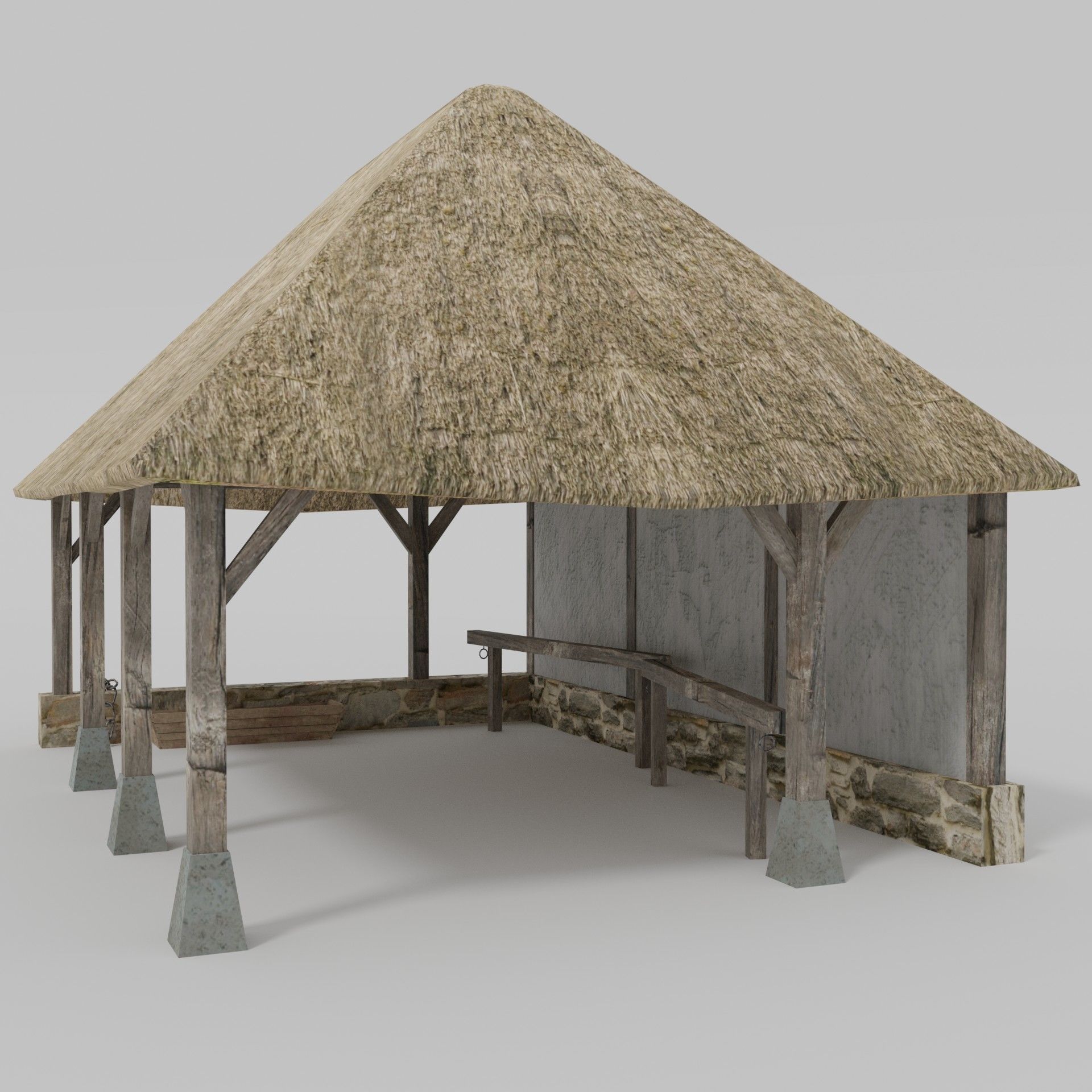 Stable wooden structure with thatched roof Low-poly 3D model_1