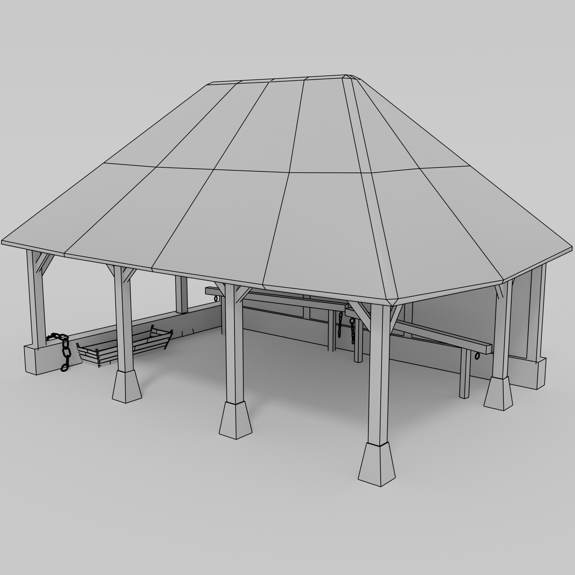Stable wooden structure with thatched roof Low-poly 3D model_8
