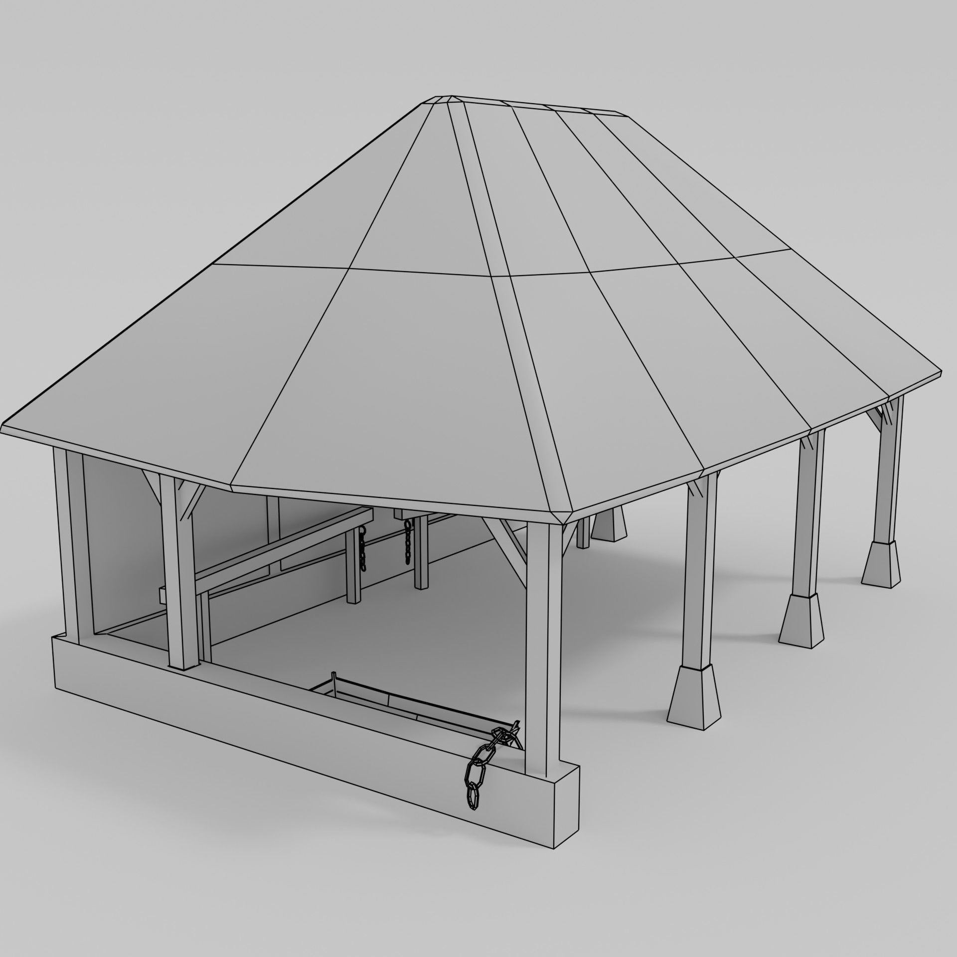 Stable wooden structure with thatched roof Low-poly 3D model_7