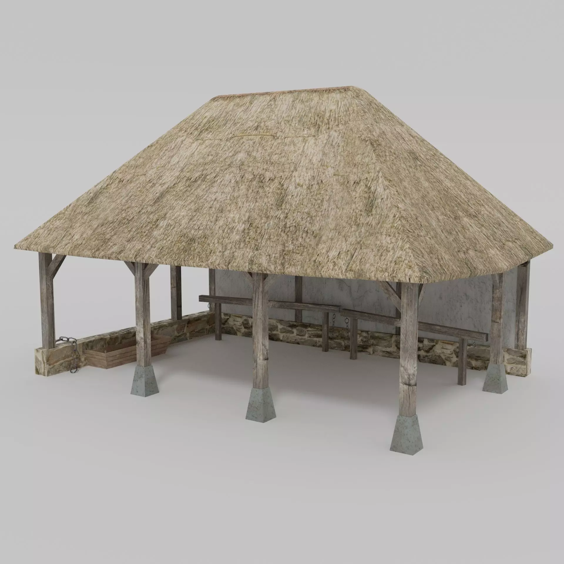 Stable wooden structure with thatched roof Low-poly 3D model_0