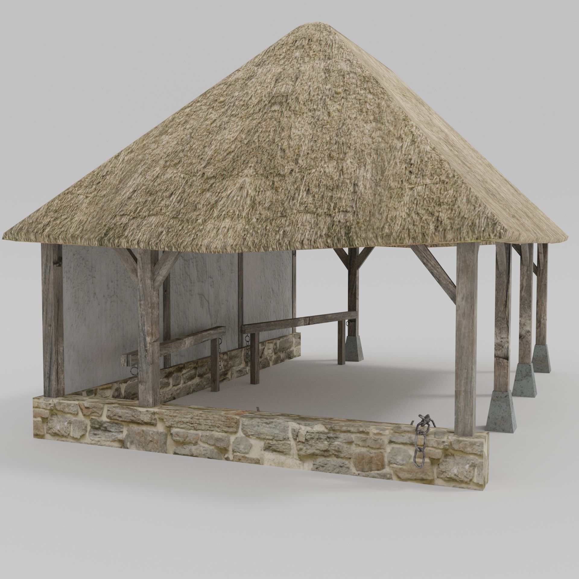 Stable wooden structure with thatched roof Low-poly 3D model_4