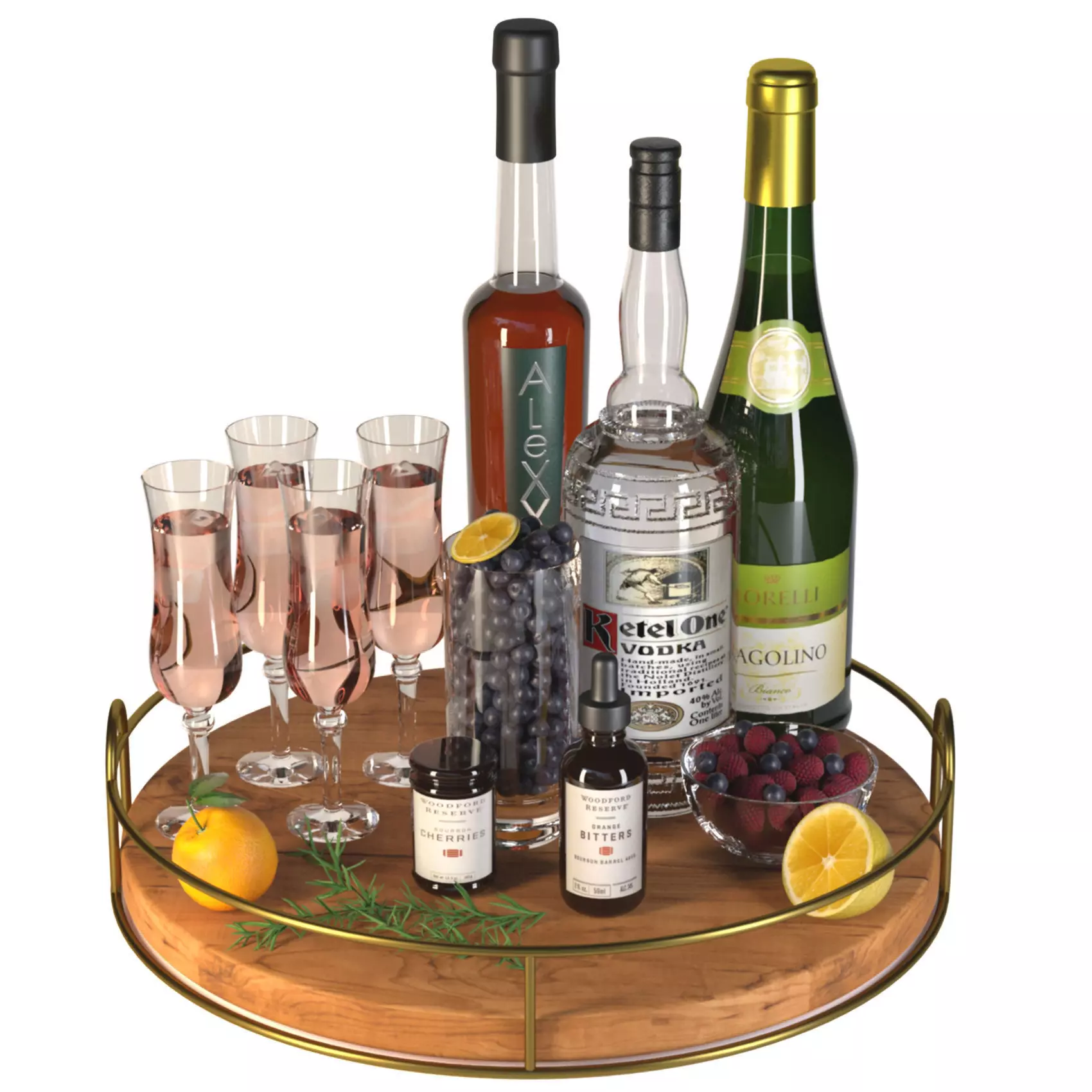 Alcohol set with tray and fruits 3D model_0