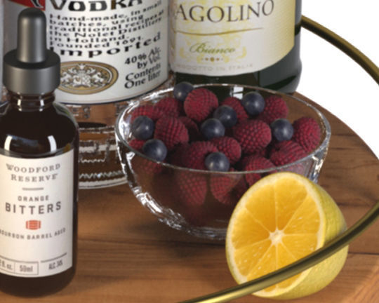 Alcohol set with tray and fruits 3D model_3