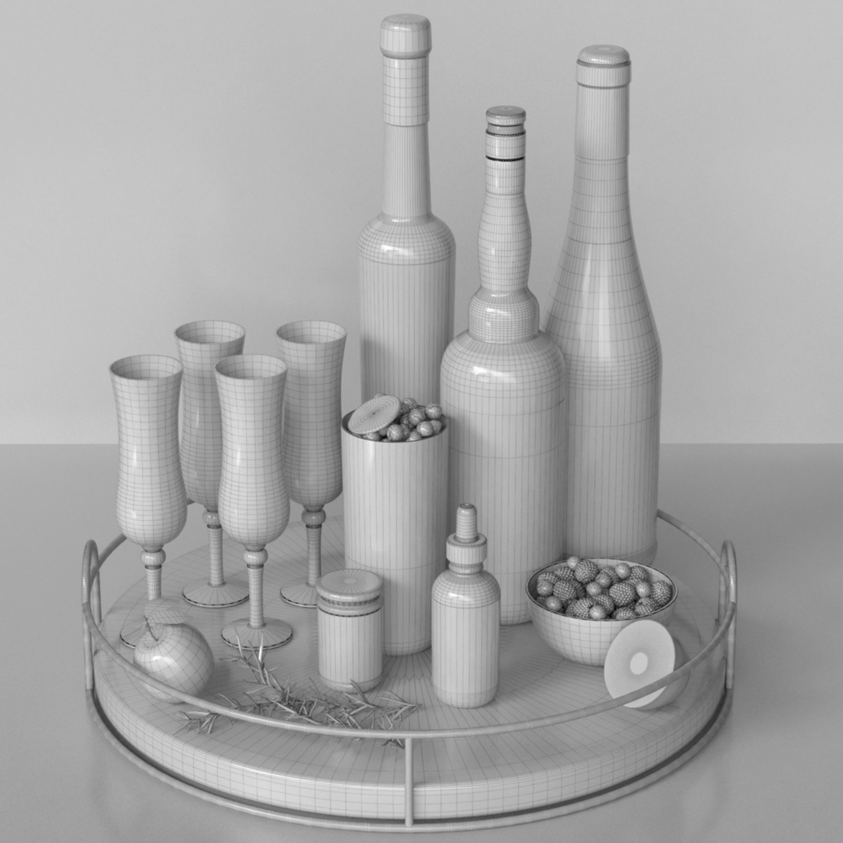 Alcohol set with tray and fruits 3D model_1