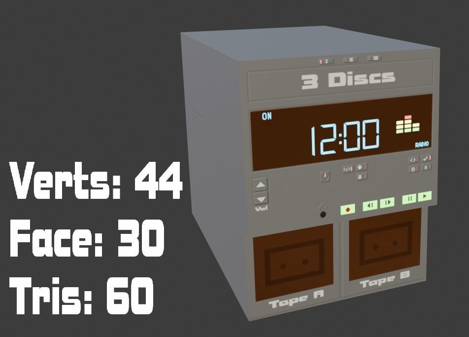 Vintage 3 Discs AM FM Tape Radio PBR Lowpoly Low-poly 3D model_6
