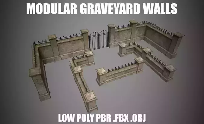 Graveyard modular walls set Low-poly 3D model