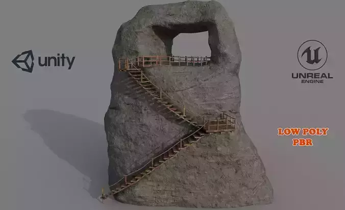 Low Poly Mountain and Wooden Stairs Scene