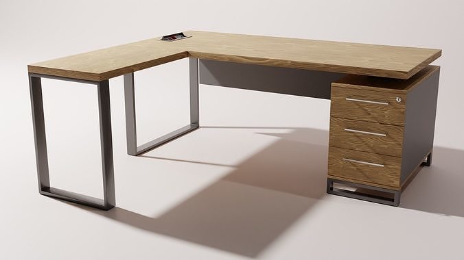 Wood Metal Office Table Desk with Whatnot and Drawers and Plugs 3D model