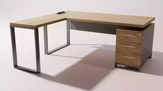 Wood Metal Office Table Desk with Whatnot and Drawers and Plugs