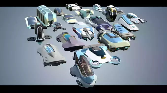 24  Simplistic Sci-Fi Flying Vehicles 3D Model Collection