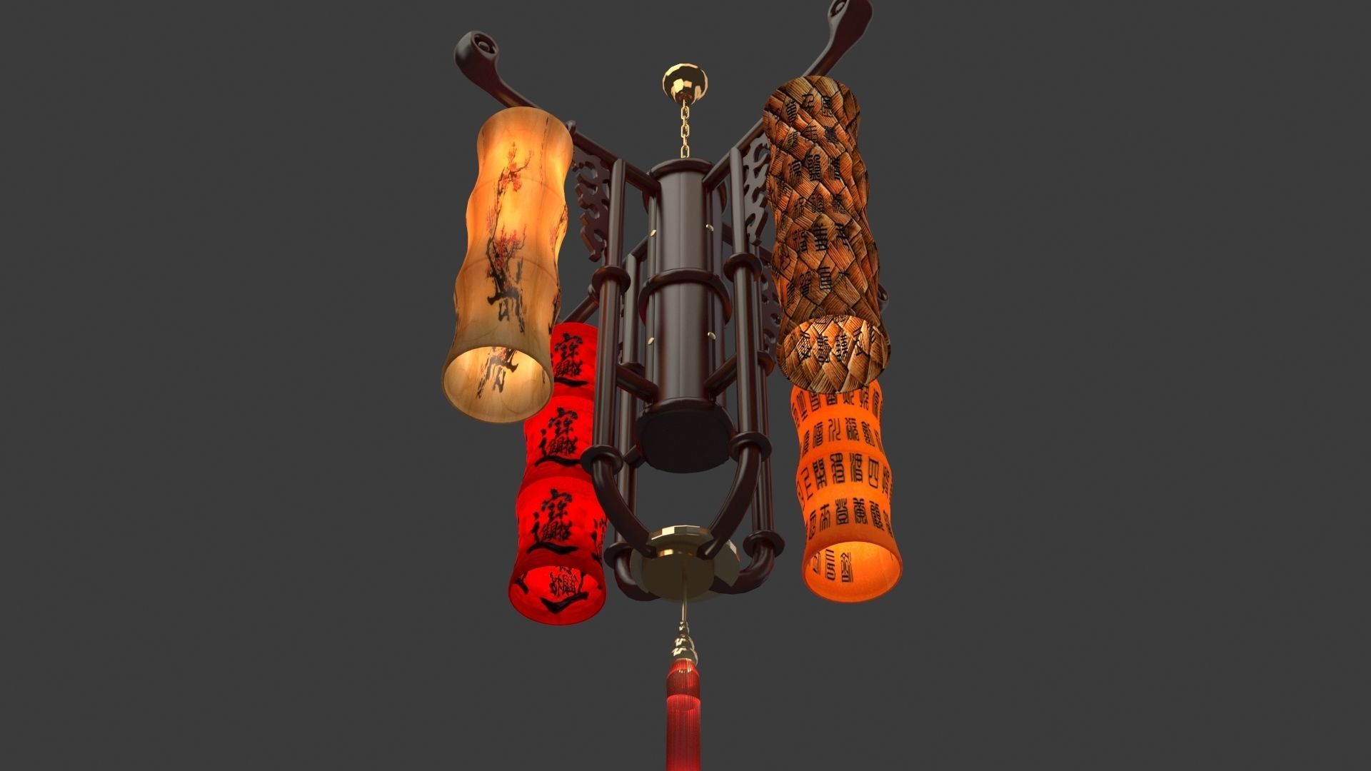 Chinese bamboo red lantern 3D model_3