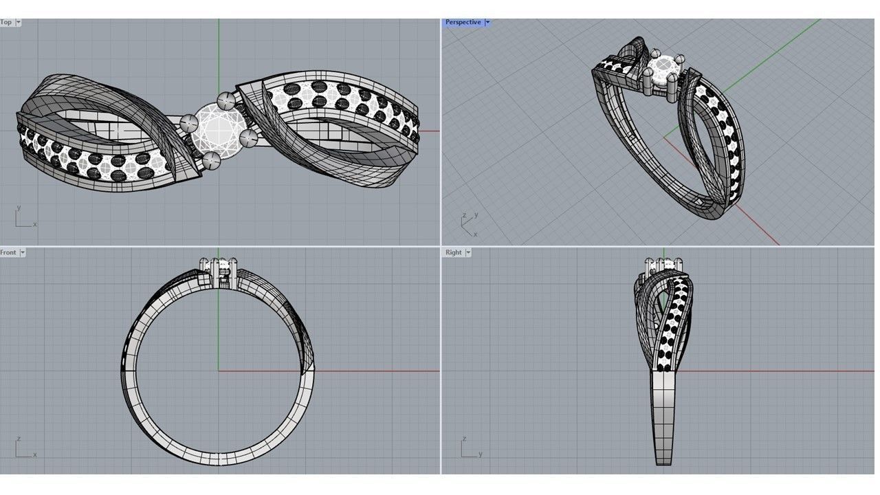 6 ring gold engagement with diamonds 3D print model_1
