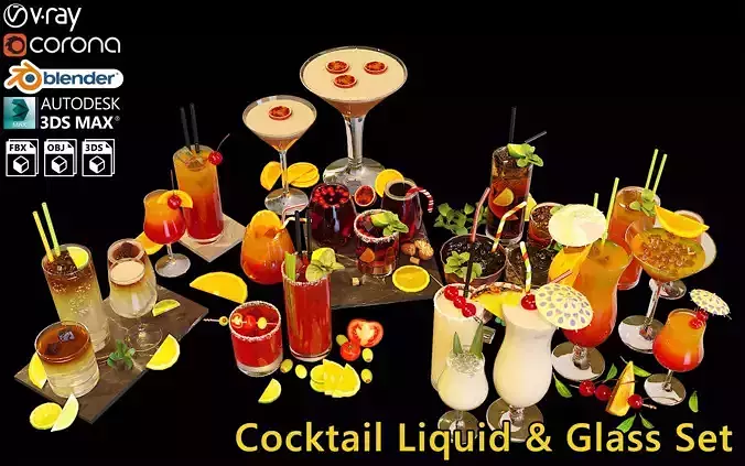 10 Cocktails Liquid - Glass Sets 3D model