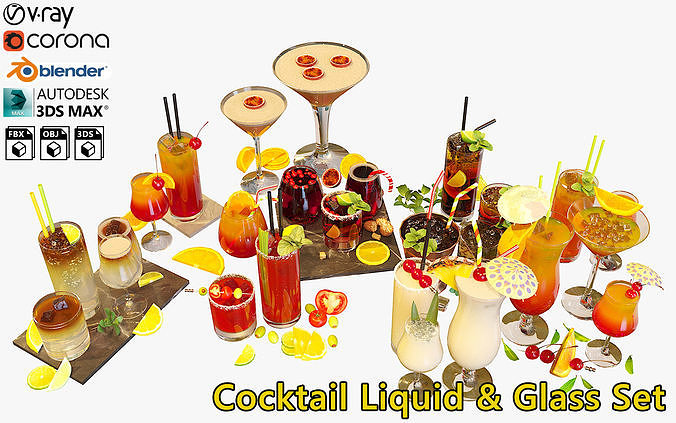 10 Cocktails Liquid - Glass Sets 3D model 2