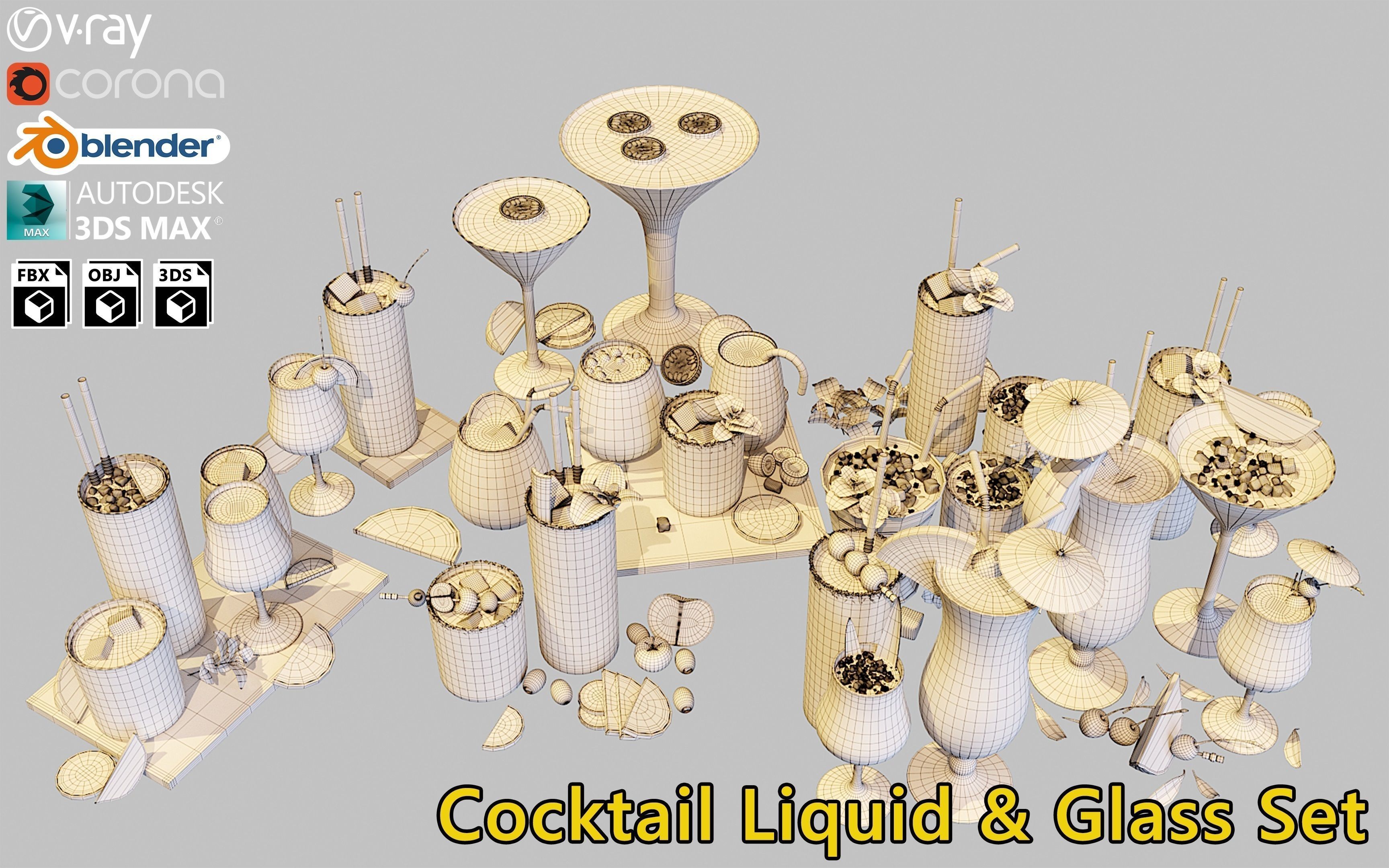 10 Cocktails Liquid - Glass Sets 3D model_3