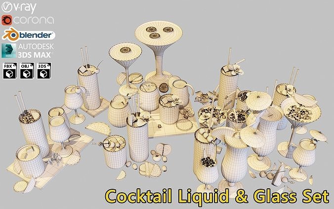 10 Cocktails Liquid - Glass Sets 3D model 3