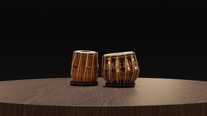Tabla two drums on wooden table 3D model