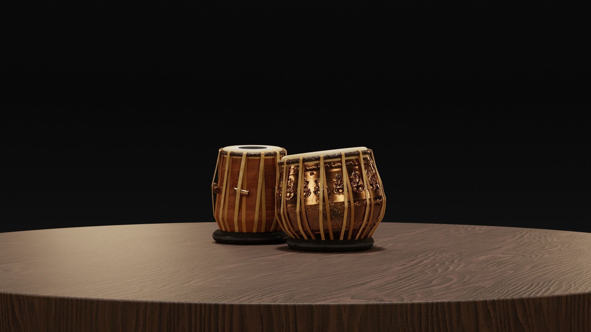Tabla two drums on wooden table 3D model_2
