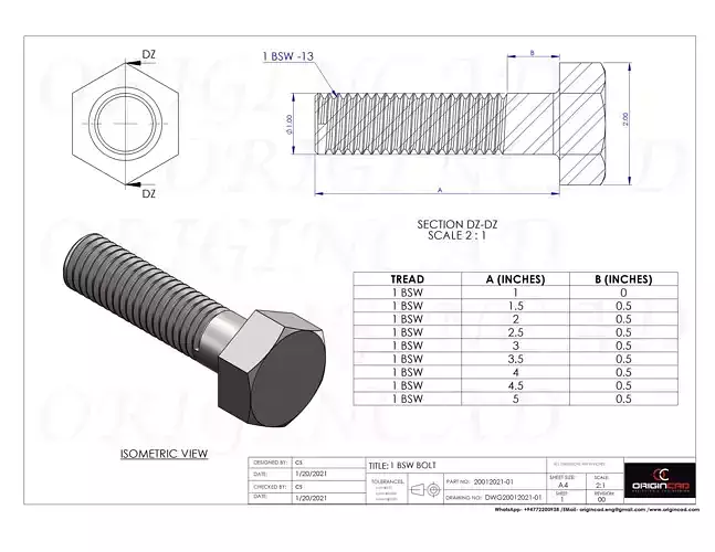 3D model for 1 BSW bolts with different length