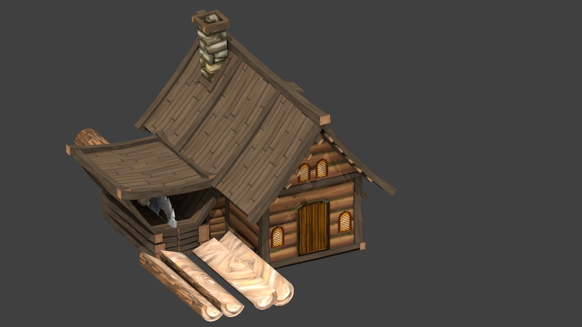 Lowpoly animated fantasy Lumbermill Low-poly 3D model_4
